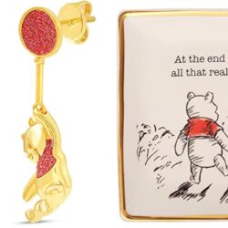 Disney Winnie the Pooh Womens Flash Plated Gold Drop Earrings and Ceramic Jewelry Tray Bundle