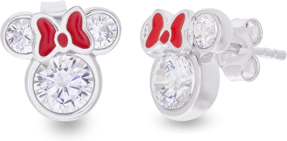 Disney Minnie Mouse Women Jewelry, Sterling Silver Cubic Zirconia and Red Enamel Bow Detail Stud Earrings - Image 3