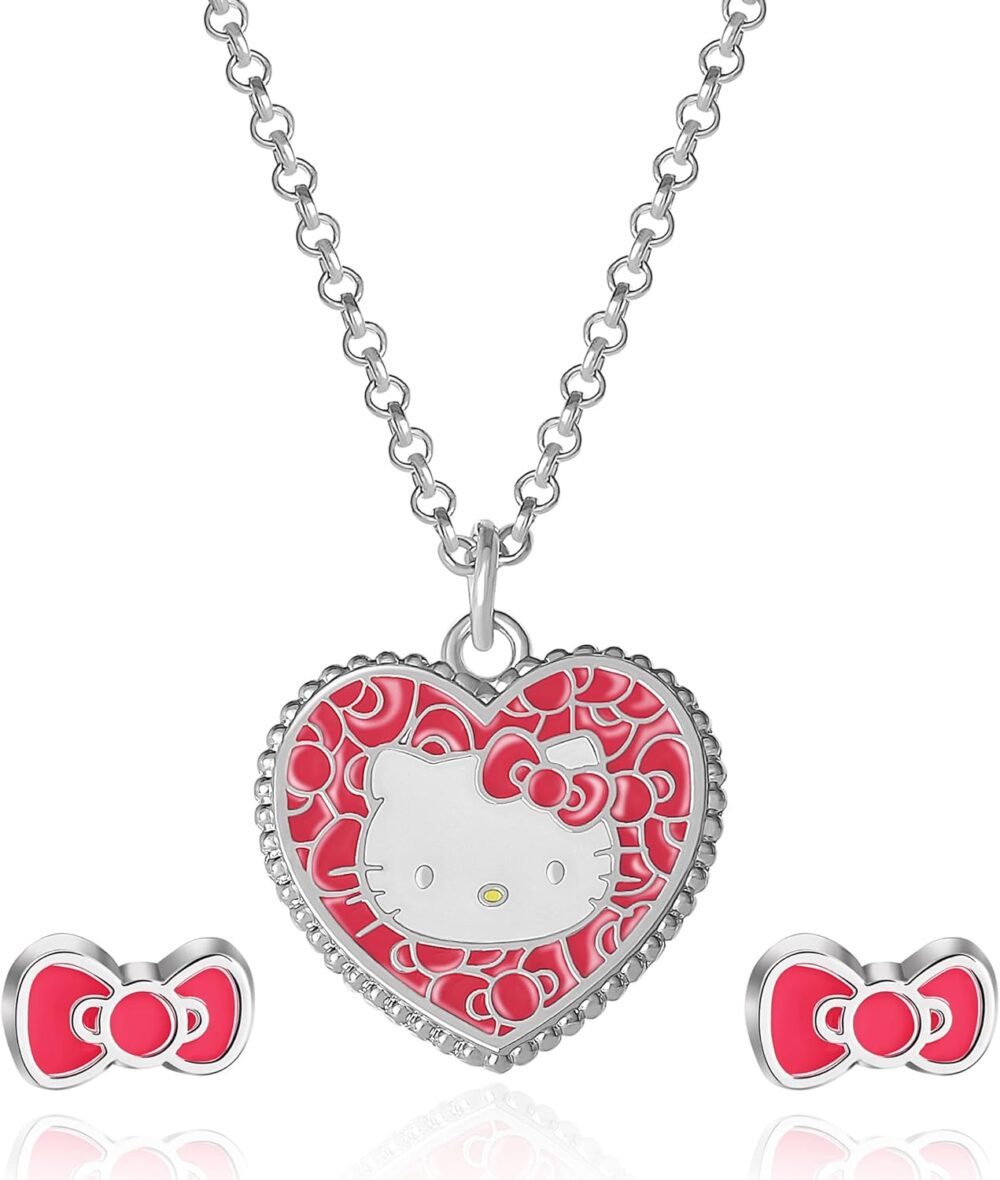 Hello Kitty Sanrio Fashion Jewelry Set Official License - 16" + 3" Pendant Necklace Bow Earrings