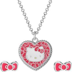 Hello Kitty Sanrio Fashion Jewelry Set Official License - 16" + 3" Pendant Necklace Bow Earrings
