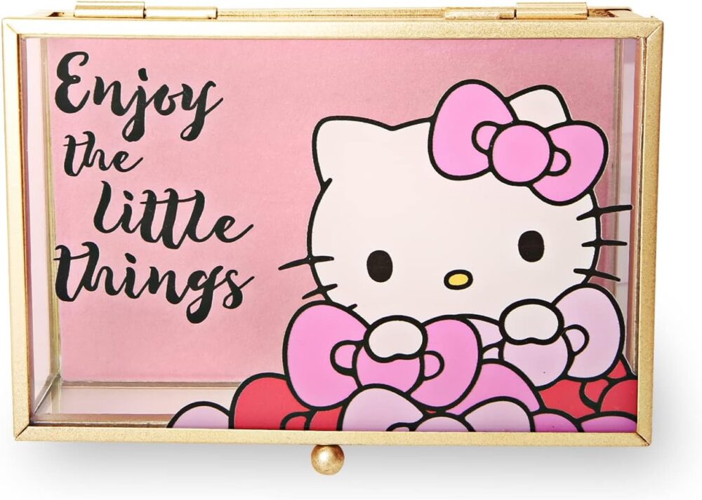 SALLY ROSE Sanrio Hello Kitty Jewelry Box - Enjoy the Little Things Glass Jewelry Case - Hello Kitty Gifts Officially Licensed