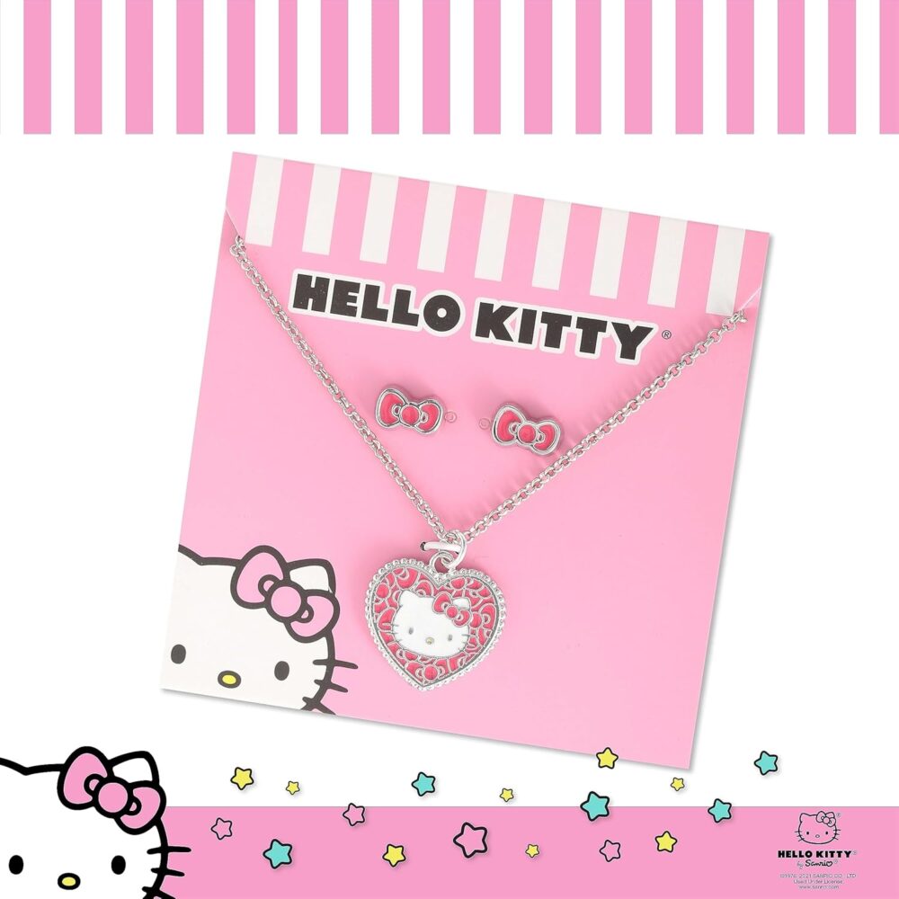 Hello Kitty Sanrio Fashion Jewelry Set Official License - 16" + 3" Pendant Necklace Bow Earrings - Image 7