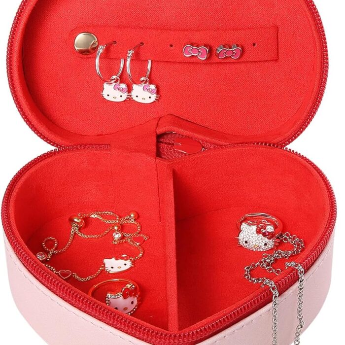 SALLY ROSE Sanrio Hello Kitty Travel Jewelry Case Official License, Heart-Shaped Jewelry Storage Box with Zipper, Mini Jewelry Box