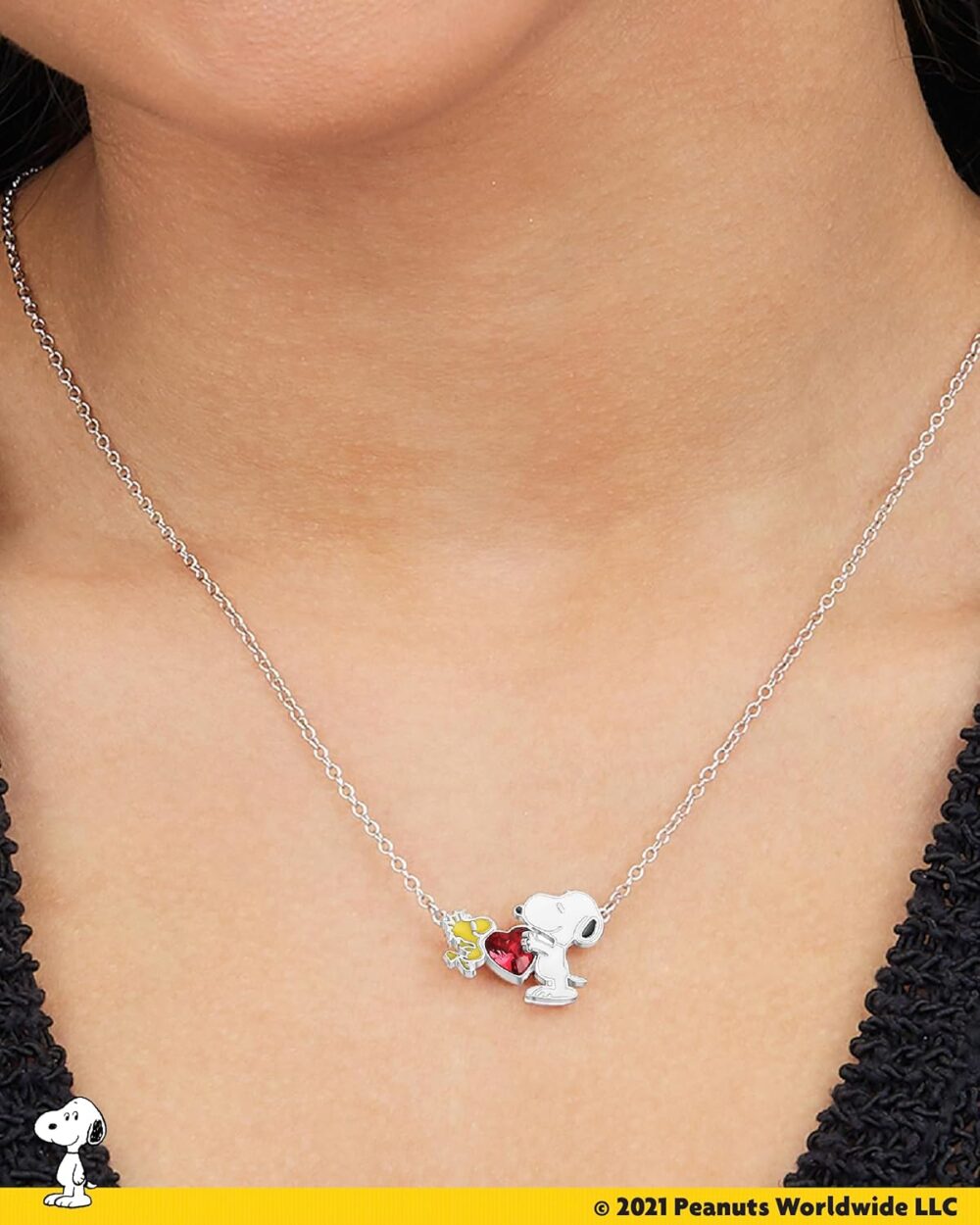 PEANUTS Womens Snoopy and Woodstock Red Crystal Heart Necklace 18" - Silver Plated Snoopy Necklace - Official License - Image 2