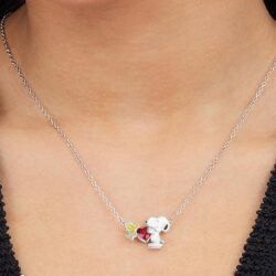 PEANUTS Womens Snoopy and Woodstock Red Crystal Heart Necklace 18" - Silver Plated Snoopy Necklace - Official License - Image 2