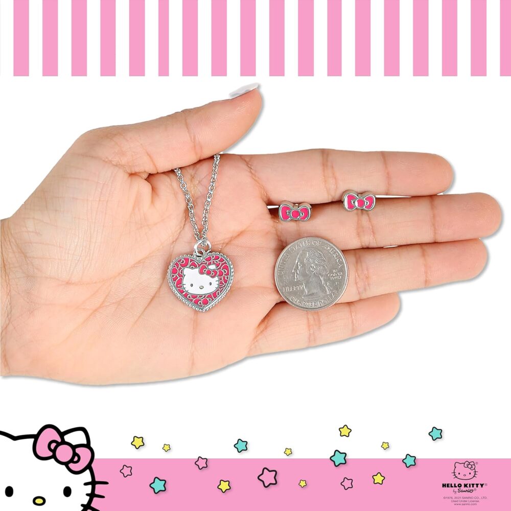 Hello Kitty Sanrio Fashion Jewelry Set Official License - 16" + 3" Pendant Necklace Bow Earrings - Image 5