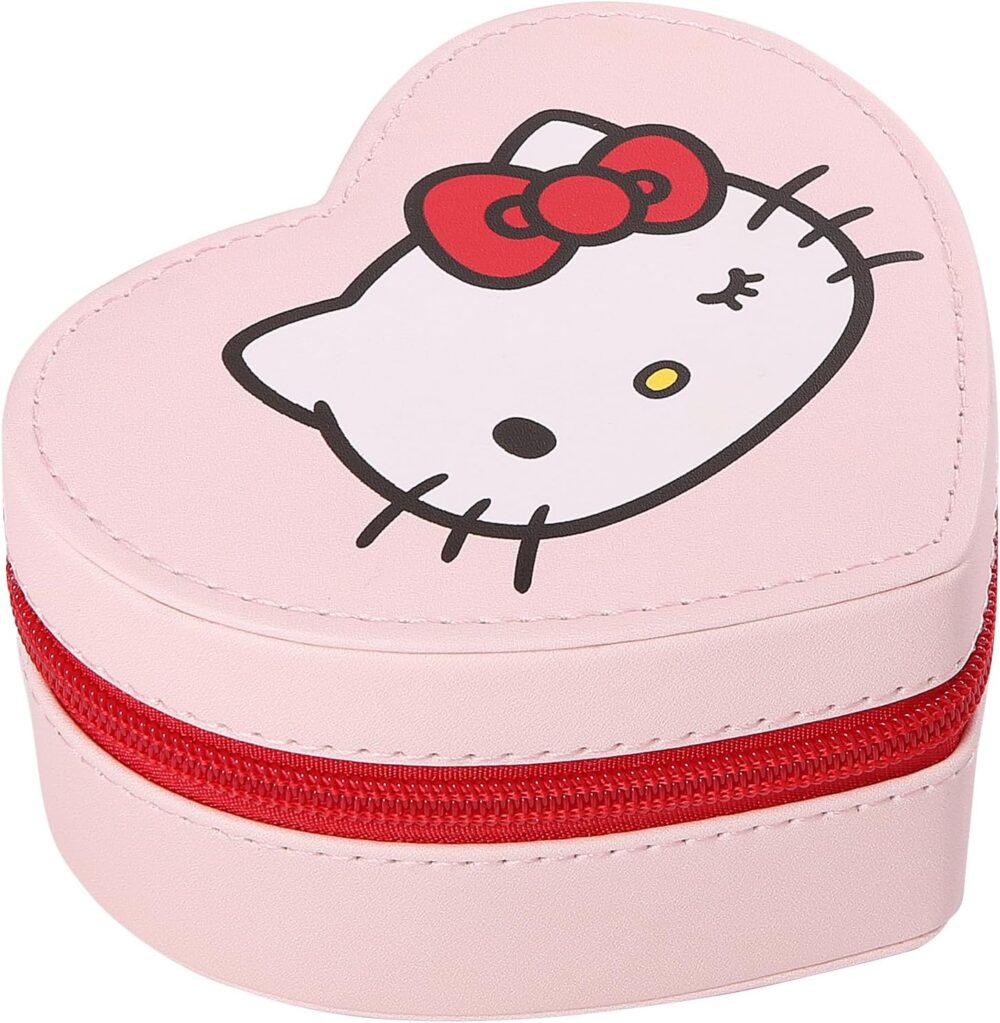 SALLY ROSE Sanrio Hello Kitty Travel Jewelry Case Official License, Heart-Shaped Jewelry Storage Box with Zipper, Mini Jewelry Box - Image 3