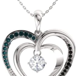Diamondere Natural and Certified White, Black and Blue Diamond Double Heart Necklace in White Gold | 0.33 Carat Pendant with Chain
