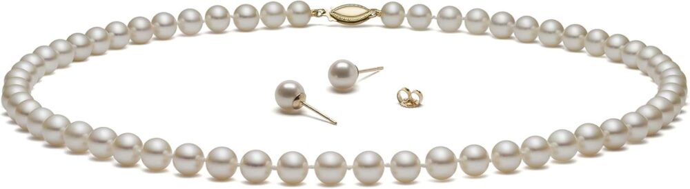 (Set) HinsonGayle AAA GEM White Round Freshwater Cultured Pearls & Stud Earrings 14k GOLD 18 inch