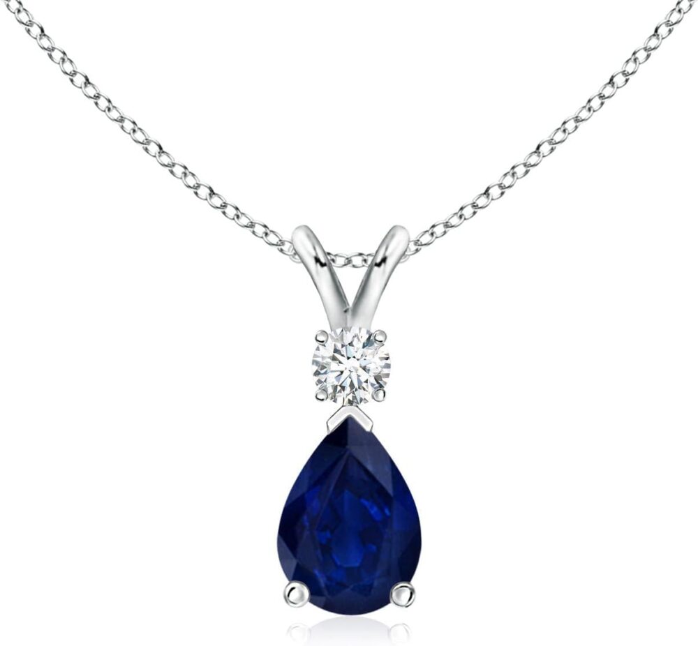 Angara Natural Blue Sapphire Teardrop Pendant with Diamond in Silver / 14K Solid Gold/Platinum | Birthday, Engagement, Anniversary, Wedding Jewelry Gift for Women