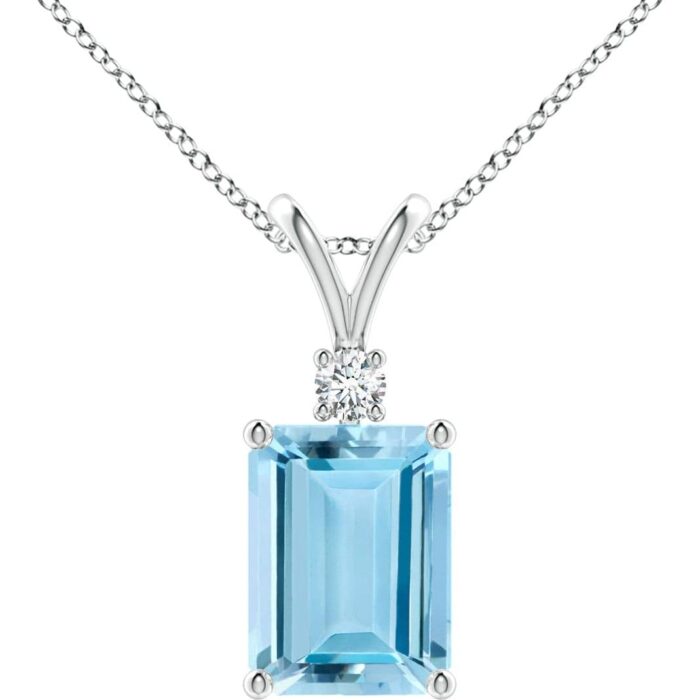Angara Natural Emerald-Cut Aquamarine Solitaire Pendant with Diamond in Silver / 14K Solid Gold/Platinum | March Birthstone, Birthday, Engagement, Anniversary, Wedding Jewelry Gift for Women