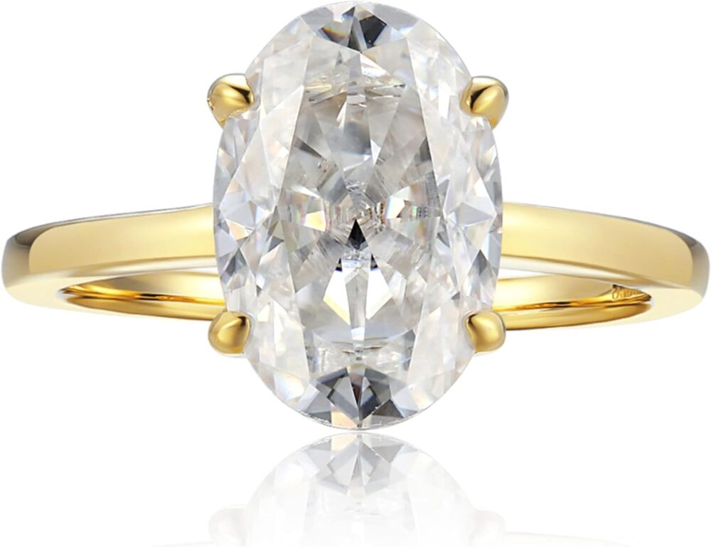 espere 14K Yellow Gold 3 Carat Moissanite Oval Engagement Ring | Solid Gold Solitaire Ring with Plain Band | 14K Gemstone Engagement Ring