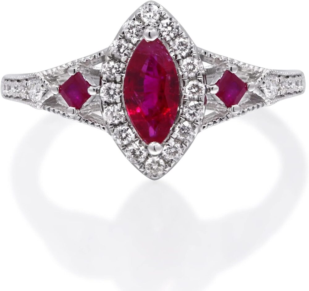 Gin &Grace 14K White Gold Mozambique Genuine Ruby Ring with Diamonds for women | Ethically, authentically & organically sourced (Marquise-cut) shaped Ruby hand-crafted jewelry for her | Ruby Ring for women