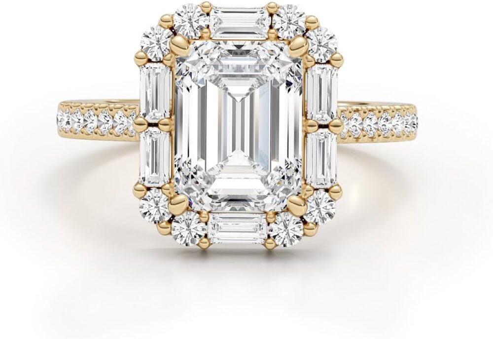 14K White/Yellow Gold Moissanite 3.15 TCW (2.5ct Center, VVS1 Clarity, D-E Color Emerald Shape) Engagement Ring With Baguette & Round Shaped Side Stones Promise Rings Gift For Her Rings For Women - Image 7