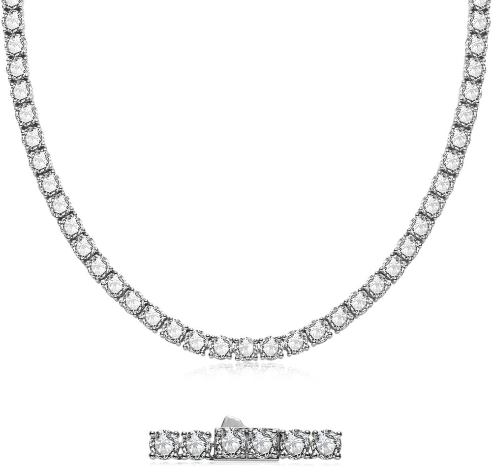 AnuClub 32cttw-81cttw Moissanite Tennis Necklace Chain 925 Sterling Silver Round Cut D Color VVS1 Moissanites Classic Chains for Women Men