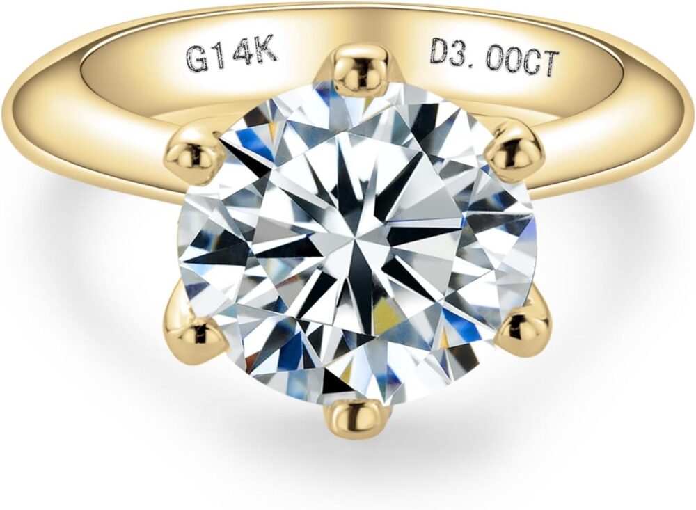 Solid 14K White Gold/Yellow Gold 3CT Six Prong Solitaire Moissanite Ring, 14K Real Gold Gift for Wedding, Engagement And Anniversary Promise Rings With Certificate