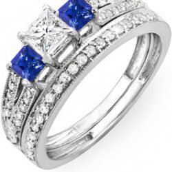 Dazzlingrock Collection 10K Solid Gold Blue Sapphire & White Diamond Womens 3 Stone Bridal Engagement Ring Set