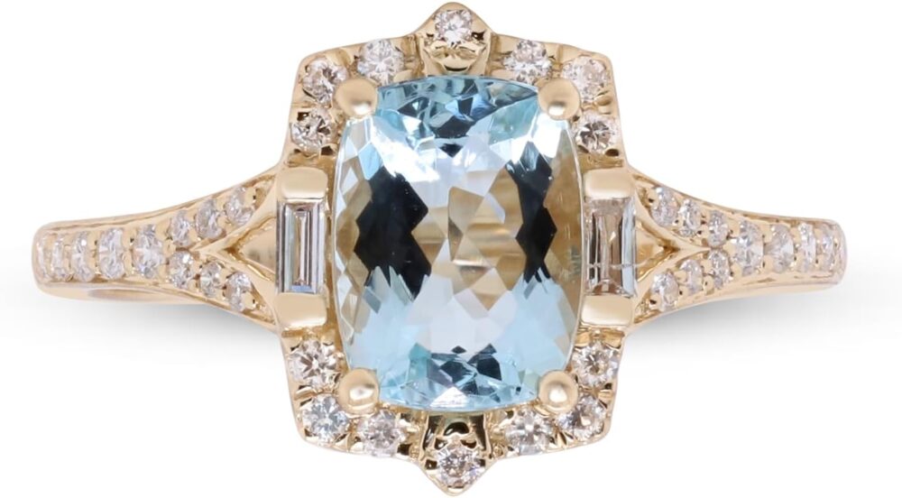Gin & Grace 14K Yellow Gold Genuine Aquamarine Ring with Diamonds for women | Ethically, authentically & organically sourced (Cushion-cut) shaped Aquamarine hand-crafted jewelry for her | Aquamarine Ring for women
