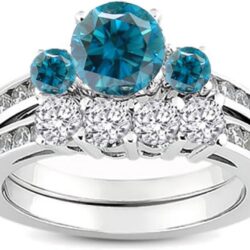 Dazzlingrock Collection 1.15 Cttw 18k Round Blue And White Diamond Bridal Engagement Ring Matching Band Set, Solid White Gold