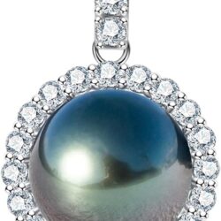 12-13mm Tahitian Black Pearl with Moissanite Necklace for Women, AAAA Quality Handselected Nature Black Pearls, 10K Solid White Gold/Sterling Silver Pendant, 45+2+3mm Adjustable Sterling Silver Chain