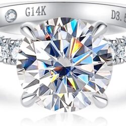 14K Solid Gold Side Stones Ring, Round/Princess Cut Centerpiece Moissanite Lab Grown Created Diamond, D Color and Flawless Real Gold Wedding Anniversary Ring