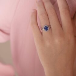 Angara Natural Princess Diana Inspired Blue Sapphire Ring with Diamond Halo in 14K Solid Gold/Platinum | September Birthstone, Birthday, Engagement, Anniversary, Wedding Jewelry Gift for Women - Image 3