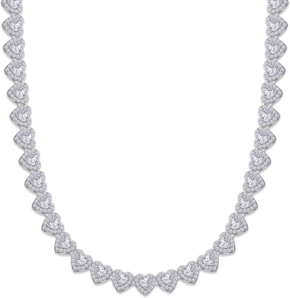 Tennis Heart Link Chain Necklace for Women, Heart & Round Lab Created Moissanite Diamond Necklace in 18K Gold Over Sterling Silver, Heart Jewelry Gifts for Her (17" & 20" Length, 35 or 40 Grams)