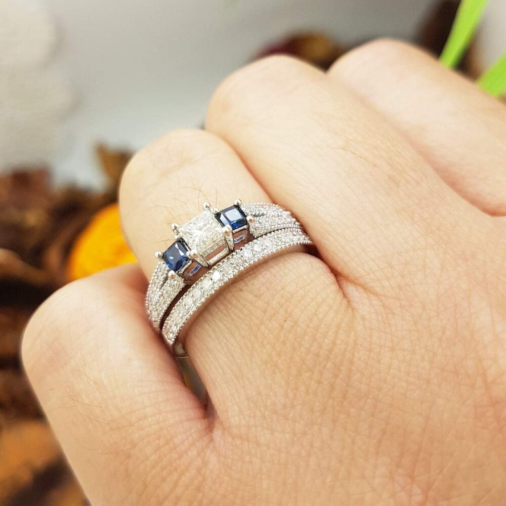 Dazzlingrock Collection 10K Solid Gold Blue Sapphire & White Diamond Womens 3 Stone Bridal Engagement Ring Set - Image 3