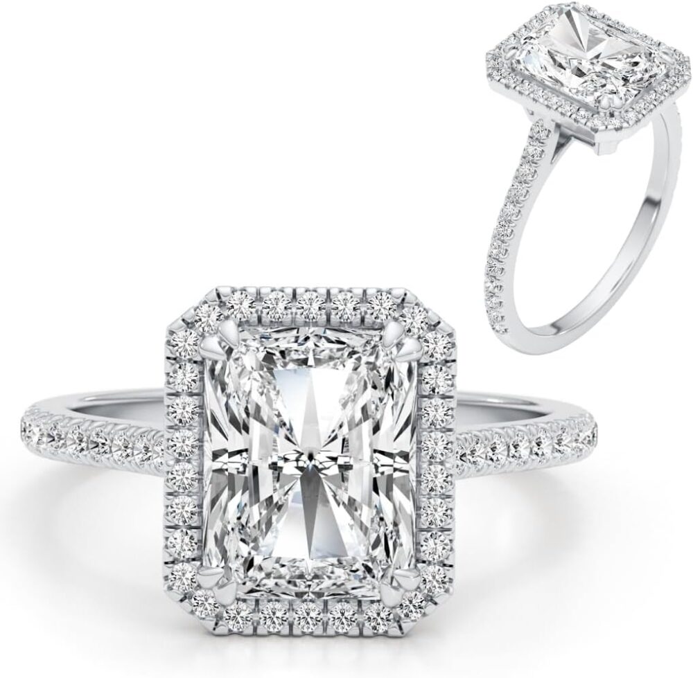 3 Carat Radiant Cut Moissanite Engagement Statement Wedding Band Ring for Women in 14k White Gold (G-H, VVS, 3.35 CTW) Anniversary Promise Ring Size 4.5 to 11
