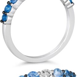 Diamond with White and Blue Sapphire Classic Stackable Band Ring or Earrings for Women in 14k White Gold Promise Anniversary Ring Size 5 to 10 by LeVian