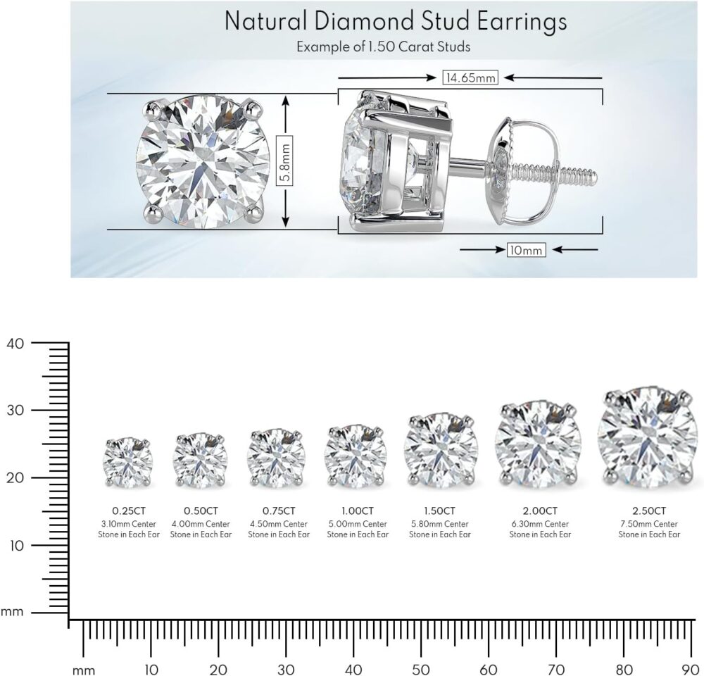 Natural Real Diamond Studs Earrings with Secure Screw Back for Women and Men, 14K Gold Round-Cut Diamond Stud Earrings - Image 4