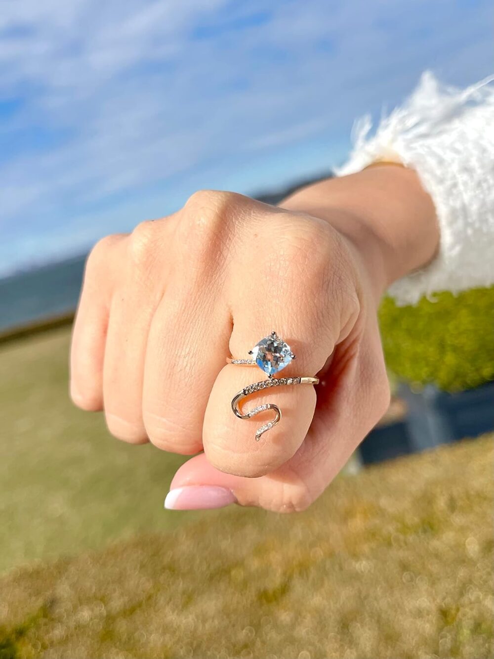 1/10 Carat Diamond and 1 1/5 Carat Cushion Cut Blue Aquamarine Snake Ring for Women in 14k Rose Gold (Fancy Brown/G-H, VS2-SI1, cttw) Promise Anniversary Ring Size 5 to 10.5 by LeVian - Image 5