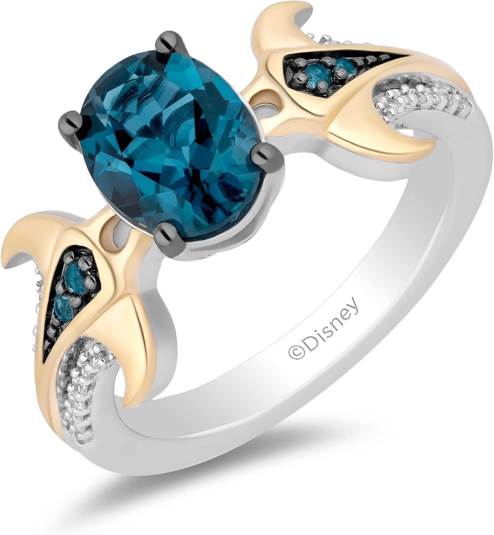 Jewelili Enchanted Disney Fine Jewelry Sterling Silver and 10K Yellow Gold 1/10 CTTW Diamond and London Blue Topaz Moana Ring