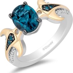 Jewelili Enchanted Disney Fine Jewelry Sterling Silver and 10K Yellow Gold 1/10 CTTW Diamond and London Blue Topaz Moana Ring