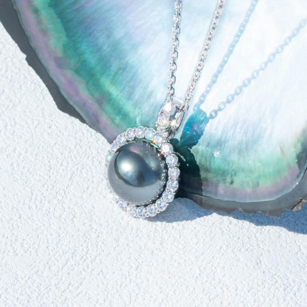 12-13mm Tahitian Black Pearl with Moissanite Necklace for Women, AAAA Quality Handselected Nature Black Pearls, 10K Solid White Gold/Sterling Silver Pendant, 45+2+3mm Adjustable Sterling Silver Chain - Image 2