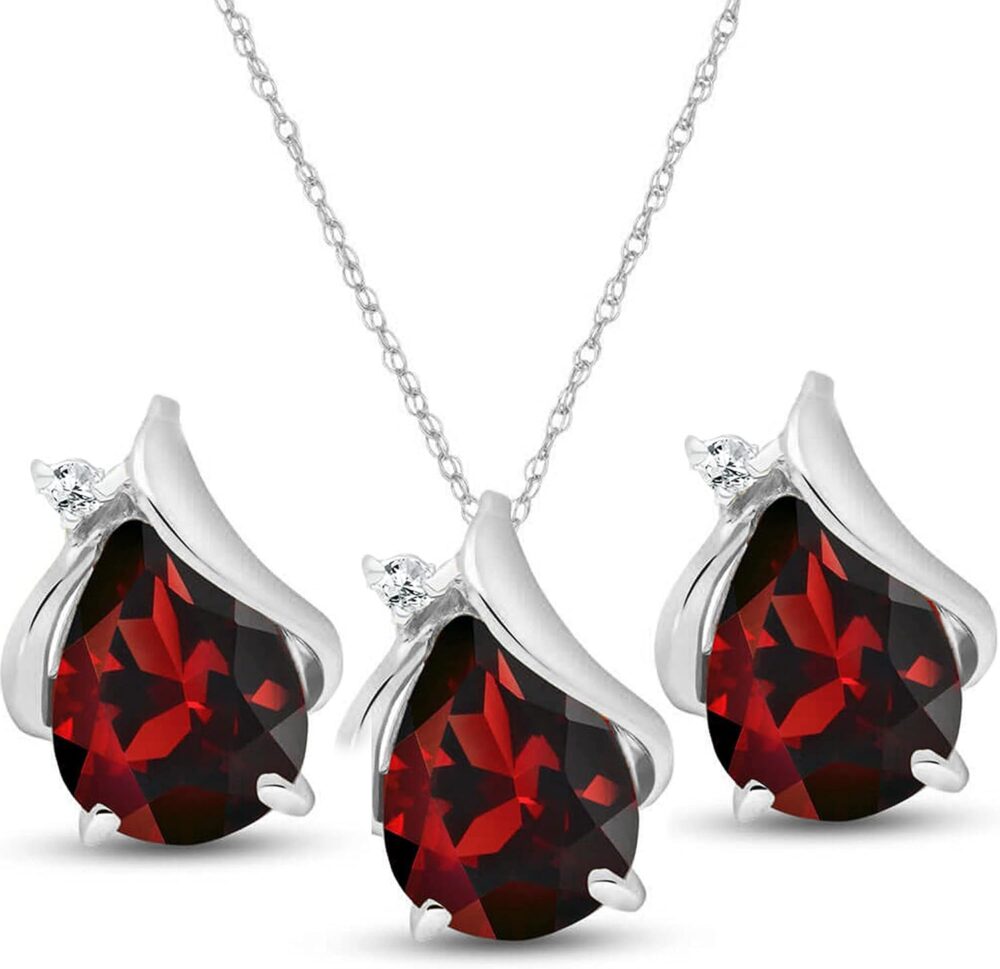 Galaxy Gold GG 14k White Gold Teardrop Garnet with Diamond Accent Necklace and Earring Set