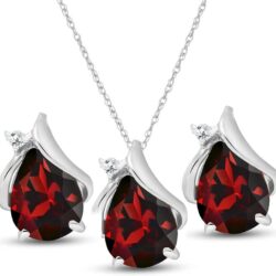 Galaxy Gold GG 14k White Gold Teardrop Garnet with Diamond Accent Necklace and Earring Set