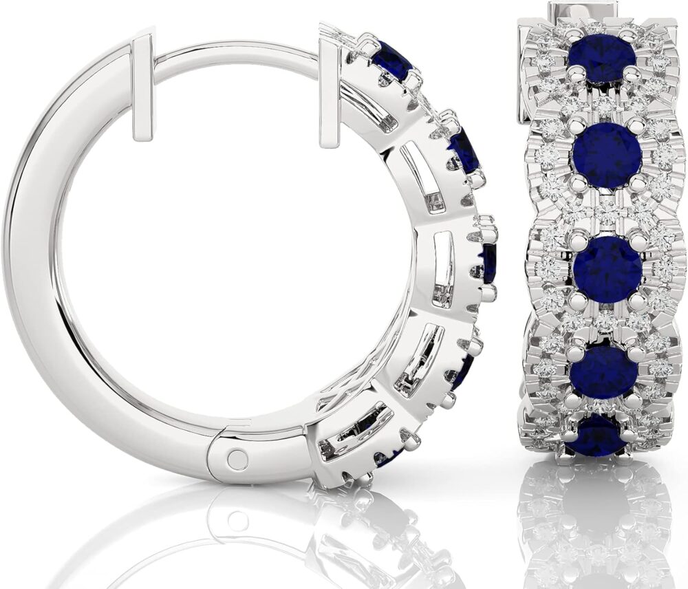 3/8 Carat Diamond and Gemstone Hoop Earrings for Women in 14k Gold (F-G, SI2-I1, cttw) with Hinge and Notched Post by Privosa Fine Jewelry - Image 2