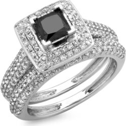 Dazzlingrock Collection 1.40 Cttw 14K Solid Gold Princess, Round Cut Black & White Diamond Halo Bridal Engagement Ring Band Set