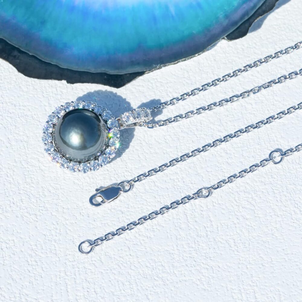 12-13mm Tahitian Black Pearl with Moissanite Necklace for Women, AAAA Quality Handselected Nature Black Pearls, 10K Solid White Gold/Sterling Silver Pendant, 45+2+3mm Adjustable Sterling Silver Chain - Image 4