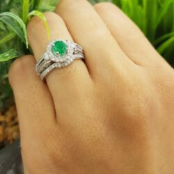 Dazzlingrock Collection Round Emerald & White Diamond Womens Halo Bridal Engagement Ring Set, 14K Solid White Gold - Image 3