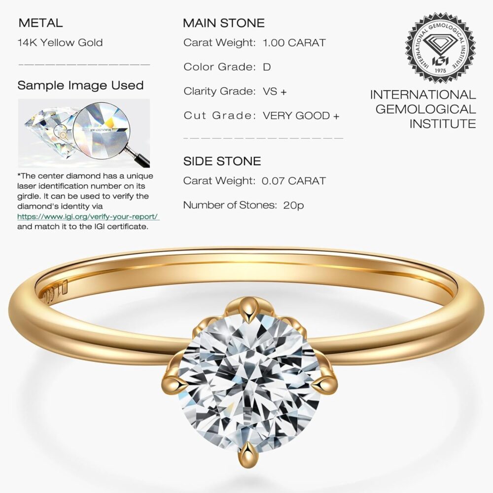 1 Carat Main Diamond 14K Gold Ring for Women (D Color, VS Clarity), Luxury Gift Packaging, IGI Certificate Included, Ideal for Engagement Anniversary - Image 2