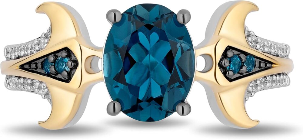 Jewelili Enchanted Disney Fine Jewelry Sterling Silver and 10K Yellow Gold 1/10 CTTW Diamond and London Blue Topaz Moana Ring - Image 2