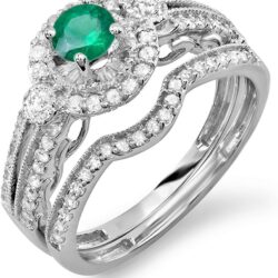 Dazzlingrock Collection Round Emerald & White Diamond Womens Halo Bridal Engagement Ring Set, 14K Solid White Gold