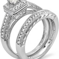 Dazzlingrock Collection 0.75 Cttw 14k Princess & Round Diamond Womens Bridal Ring Set Halo Set 3/, Solid White Gold