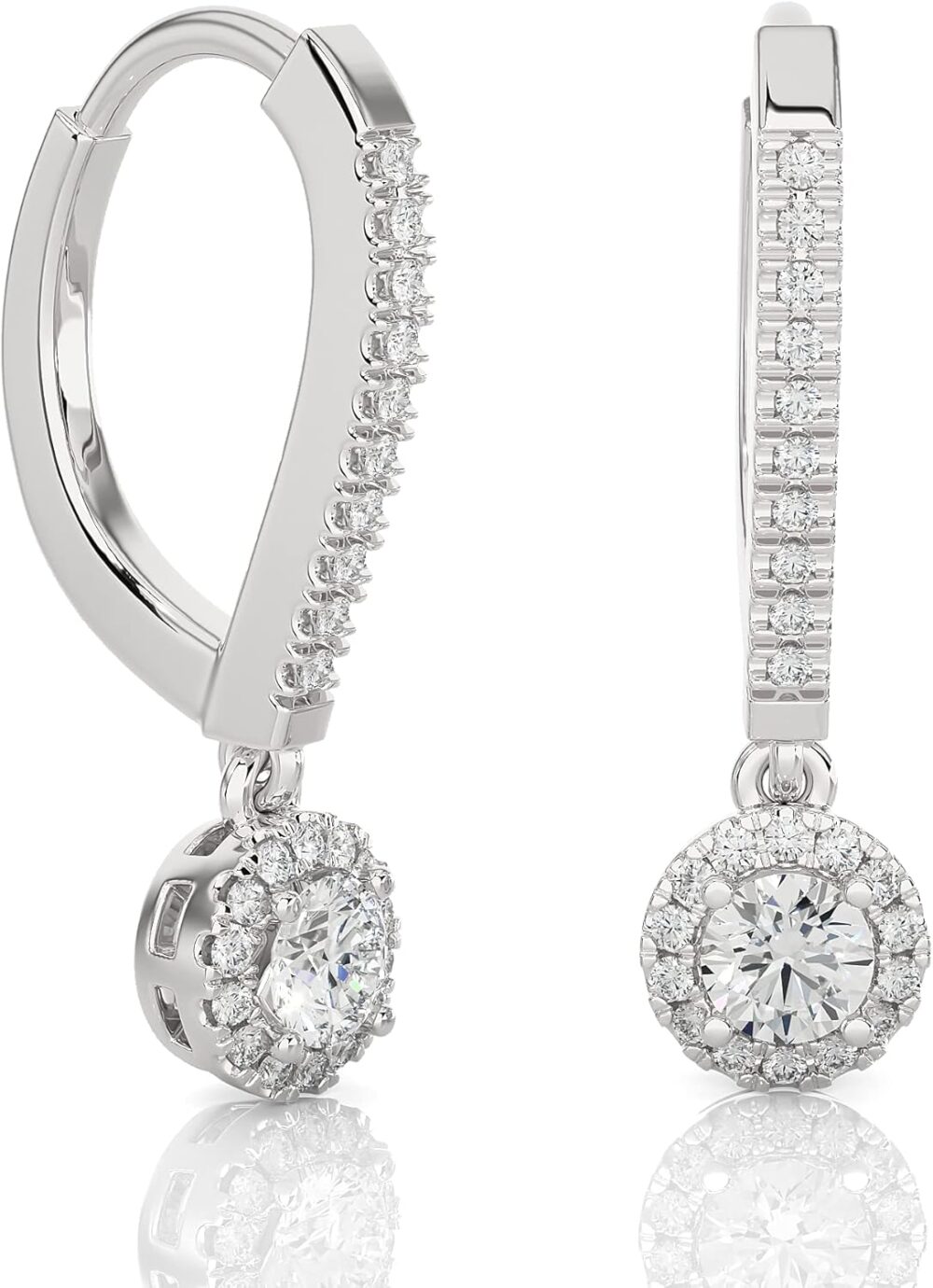 1/2 to 1 Carat Diamond Round Halo Dangle Earrings for Women in 14k White Gold (F-G, SI2-I1, cttw) Leverback by Privosa Fine Jewelry - Image 2