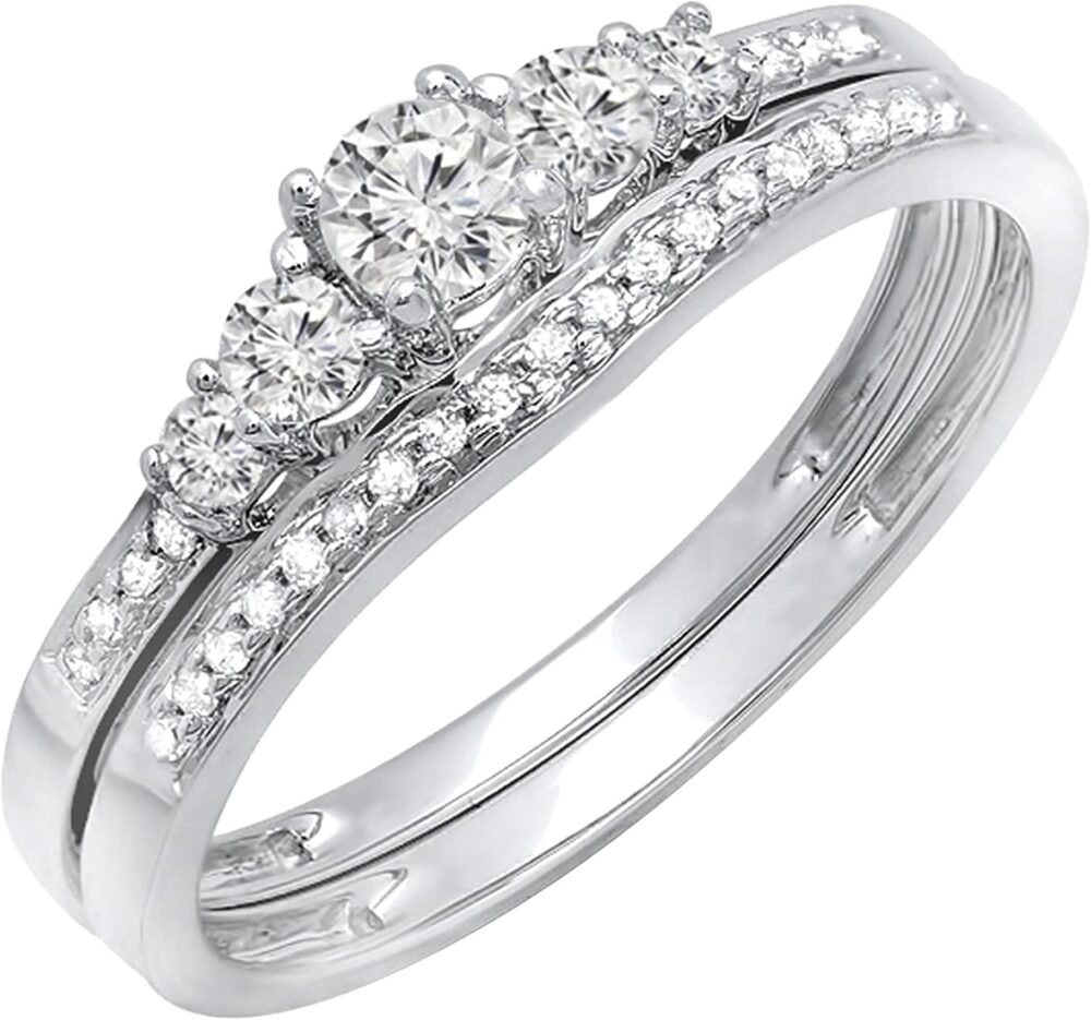 Dazzlingrock Collection Round White Diamond Five Stone Matching Engagement Ring Set for Her (1.00 ctw, Color I-J, Clarity I1-I3) in Solid Gold