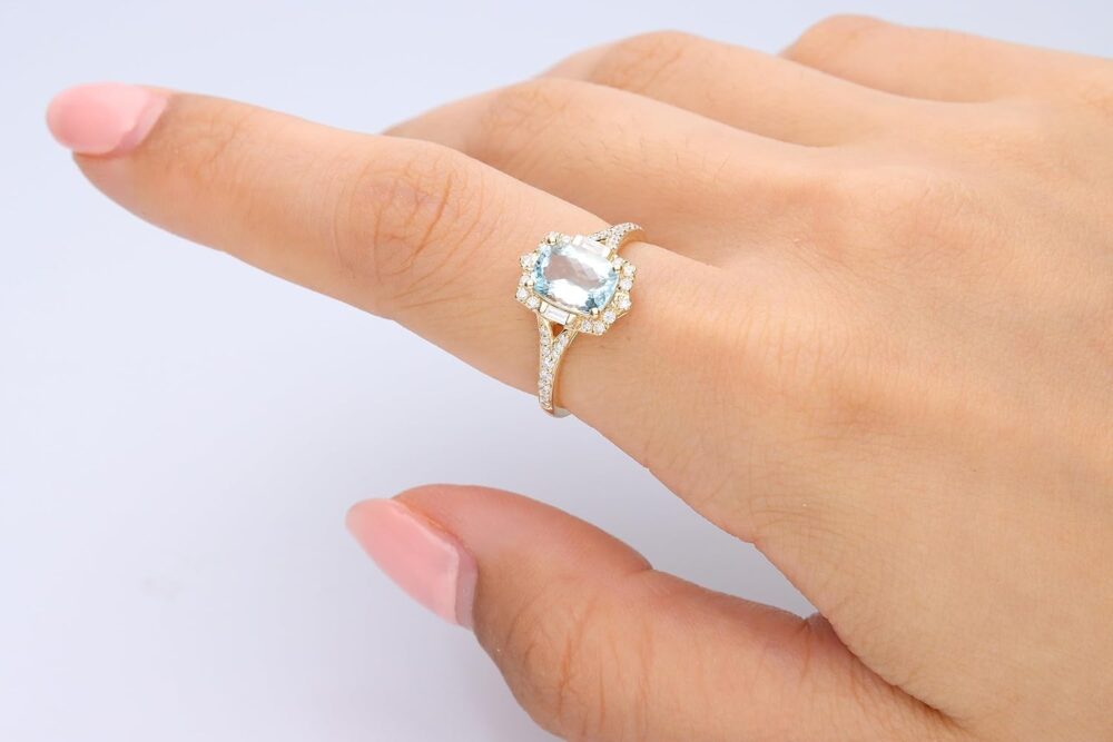 Gin & Grace 14K Yellow Gold Genuine Aquamarine Ring with Diamonds for women | Ethically, authentically & organically sourced (Cushion-cut) shaped Aquamarine hand-crafted jewelry for her | Aquamarine Ring for women - Image 4