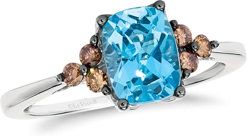 1/4 Carat Diamond and 1 1/2 Carat Blue Topaz Flared Ring for Women in 14k White Gold (Fancy Brown/G-H, VS2-SI1, cttw) Promise Anniversary Ring Size 5 to 10.5 by LeVian