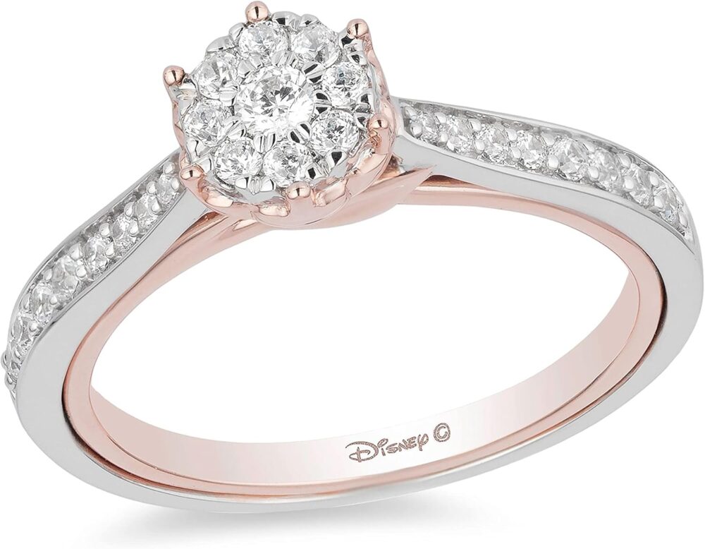 Jewelili Enchanted Disney Fine Jewelry 10K White Gold and Rose gold 1/3 Cttw Belle Composite Rose Engagement Ring Size